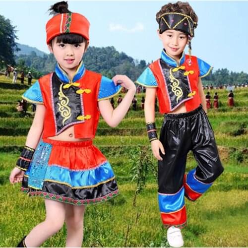 Girls Chinese minority National Dress for Stage Costumes Child Hmong Dance Clothing Kids Traditional Dance wear Outfit