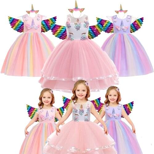 Unicorn Dresses Girls ball Gown Menina Summer Clothes Kids Princess Dress Tutu Flower Vestido Childrens Birthday Party Rapunzel