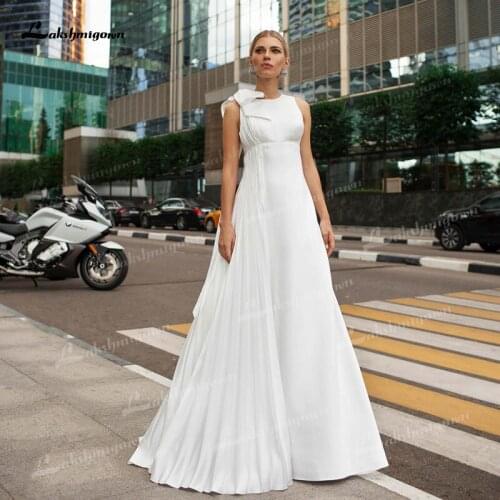Elegant Soft Satin A-Line Wedding Dresses O-Neck Corset Sleeveless Bow Sweep/Brush Train Bride Gown Simple robe de mariage Pleat