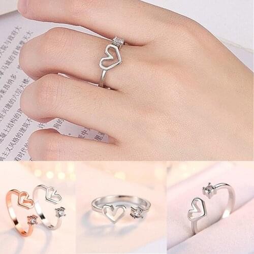 Ring Ladies Fashion Crystal Womens Heart Silver Color Plated Open Adjustable Jewellery