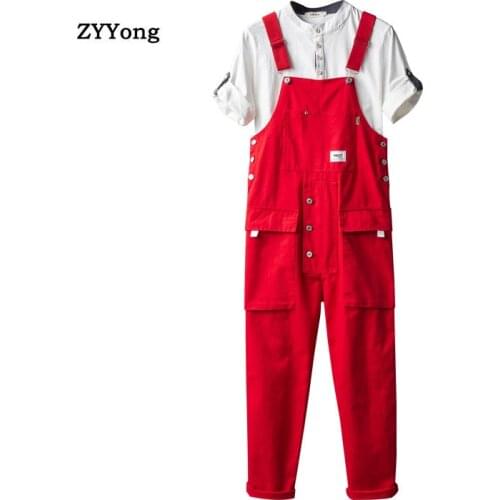 Overalls Men Bib Jumpsuit Cargo Pants Men Red Loose Straight Big Pocket Freight Hip Hop Streetwear Rompers Casual Trousers