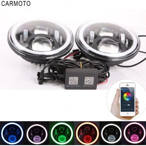 For UAZ Hunter WranglerJK 7 RGB DRL Halo Ring Round LED Headlight Angel Eyes with Multicolor Bluetooth Remote Control for Jeep