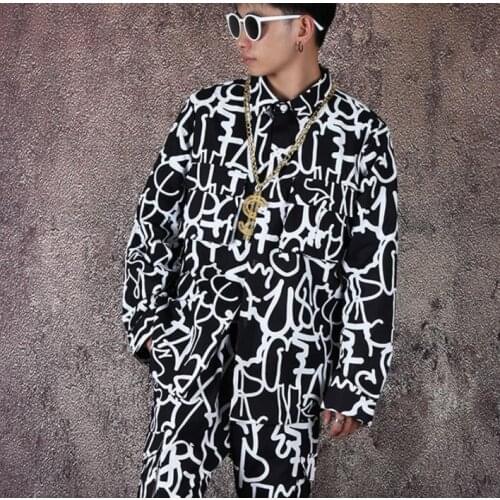 Loose Printed shirt men long sleeve shirt teenage korean fashion shirt mens personality stage singer dance b598