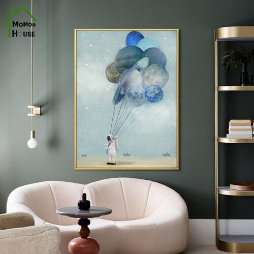 Nordic Cartoon Canvas Painting Astronaut Holding Balloon Wall Art Poster and Prints Picture for Kids Room Home Decorations