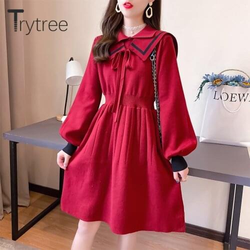 Trytree 2020 Autumn Winter Women Dress Casual Elastic Knitting Dress Bow Double Collar Puff Sleeve Knee-Length Office Lady Dress