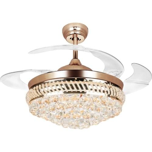 42 Inch Invisible Crystal Ceiling Fans with LED Light and Remote, Indoor Ceiling Light Kits with 4 Retractable ABS Blades Fans