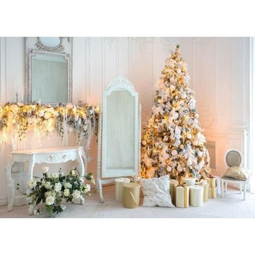 Christmas Tree Gifts Flowers Mirror White Photography Backdrop Custom Background Photo Studio for Children Baby Home Photoshoot