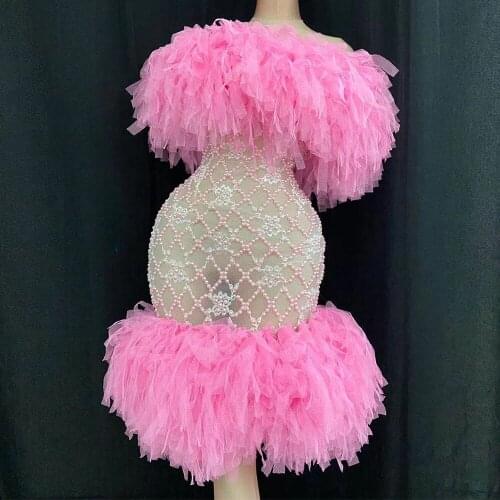 Pink Dress Women Pearl Mesh See through Sexy Strapless Tight nightClub Birthday Party Dress Prom Stage dance Costume performance