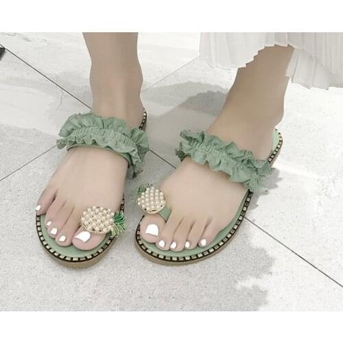 9 Color Plus Size Sandals Female 2021 Toe Sandals Pineapple Lace Beach Shoes Rhinestone Flat Non-slip Slippers