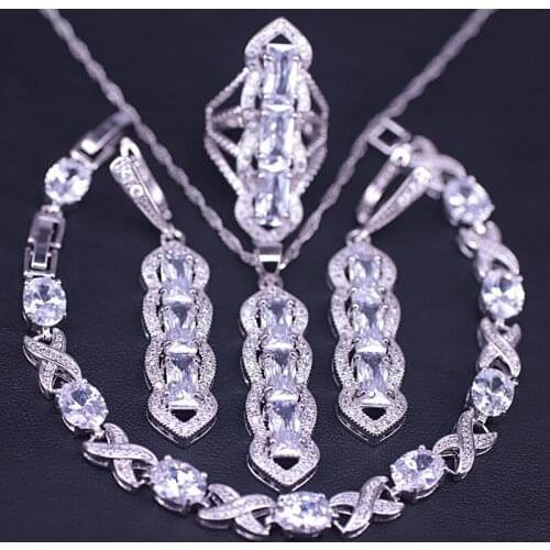 White Crystal & Zircon Silver Color Jewelry Set For Women Earrings Ring Necklace Bracelet Best Wish Present Fast Ship
