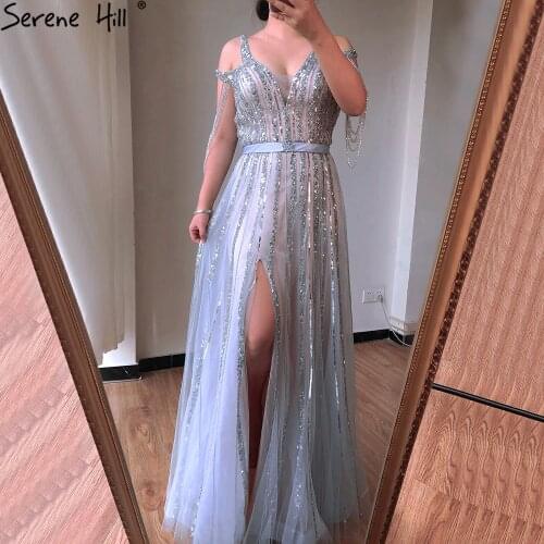 SERENE HILL Grey Luxury Beading Shouler With Tassel Split Evening Dresses Gowns 2021 Formal Dress LA70622