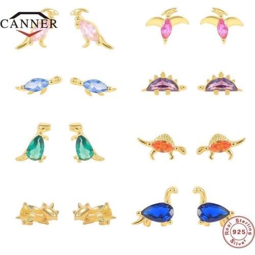 CANNER Small Dinosaur Colored Zircon Piercing Earrings for Women 925 Sterling Silver Piercing Cartilage Stud Earings Jewelry