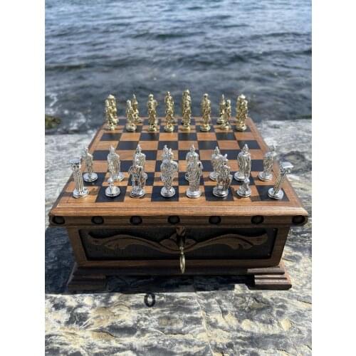 Chess Set With Board and Compartments, Chess Set With Board Handmade, Metal Chess Set With Storage, Mothers Day Gift Chess Set