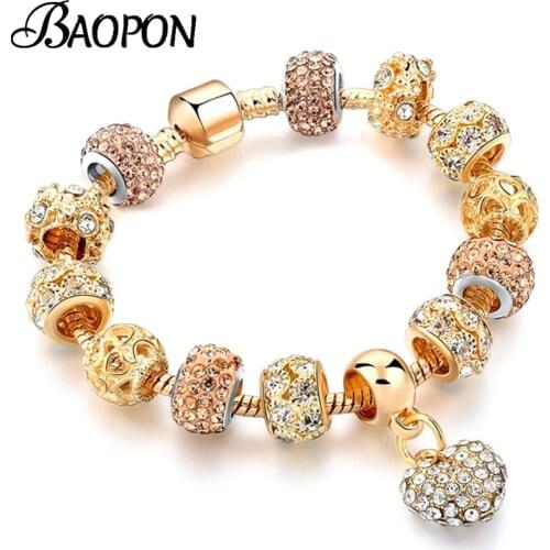 Gold Color Heart Crystal & Class Beads Charm Bracelets Fits Original DIY Brand Bracelet Bangles For Women Men Lover Jewelry Gift