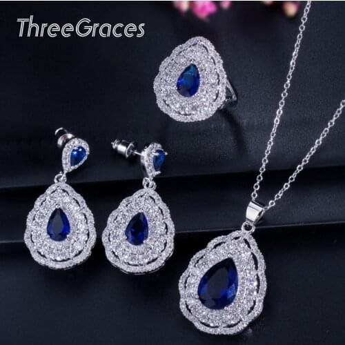 ThreeGraces 925 Sterling Silver Blue Gemstone Cubic Zirconia Big Dangle Necklace Earrings and Ring Women Jewelry Sets JS139