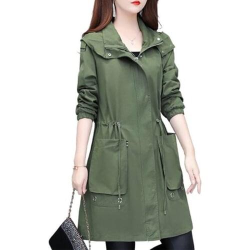 2021 Spring Autumn New Womens Windbreaker Casual Hooded Drawstring Female Trench Coat Outerwearies Mid Long Ladies Outerwear