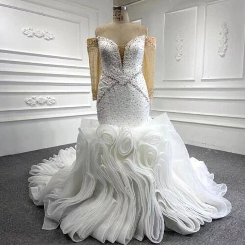 African Black Girl White Mermaid Long Wedding Dresses 2021 Stunning Beaded Appliques Long Sleeve Tiered Bridal Wedding Gowns