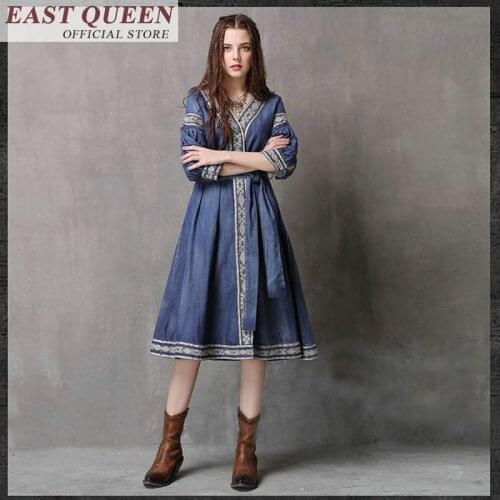 2018 Women New Cowboy Vintage Embroidery Loose Show Thin Dress Slim Waist Medium Long Style Wearing Thin Temperament FF122 S