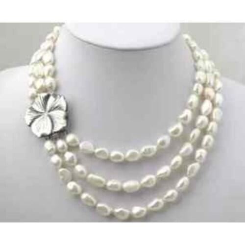 FREE SHIPPING>>>@@ > RHJ00142 3 Rows Potato Freshwater Pearl Necklace Choker