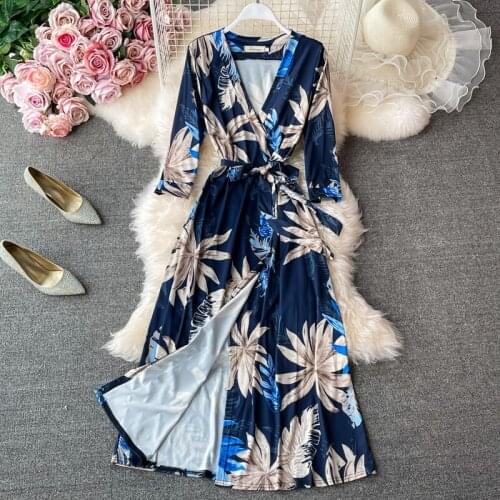 Bohemian Holiday Print Wrap Dress French Blue Floral Temperament Slim Sexy Split V-Neck Dress Lace Up Ladies Tunic Robe zh1265