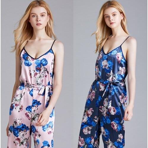 Sleeveless V Neck Suspender Trousers Womens Pajamas Siamese Ice Silk Pijama Home Casual Clothes Sleepwear Summer Female Clothing