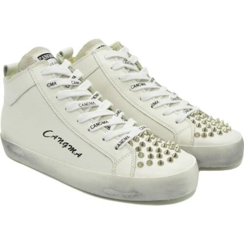 CANGMA Luxury Brand Designer Genuine Leather Shoes Womens Rivets White Sneakers For Girls Casual Shoes Mid Female Sneaker