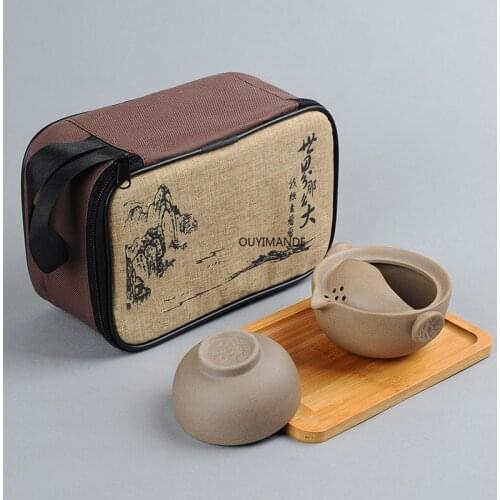Retro Rough Pottery Travel Tea Set Including 1 Cup + 1 Pot Ceramic Portable Teapot Kettle Kung Fu Gaiwan Office Teacup Drinkware