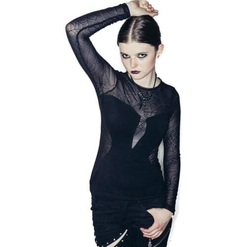 Devil Fashion Women Ladies Long Sleeve Close Fitting Transparent Knitted Spider T-shirts Black Color O-neck Hollow Out T Shirts