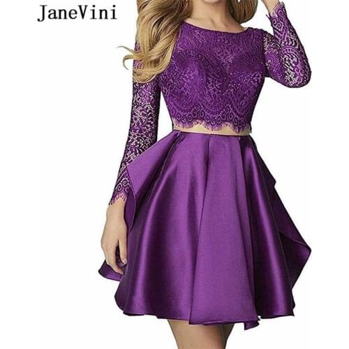 JaneVini 2019 Purple Vintage Lace 2 Piece Short Homecoming Dresses A Line Long Sleeves Beaded Backless Plus Size Mini Prom Gowns