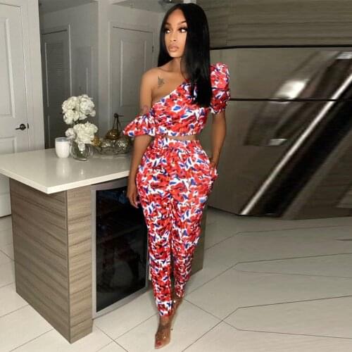 Camouflage Print One Shoulder Puff Short Sleeve Crop Top and High Waist Long Trousers for Women Sweet Summer Two Piece Outfits