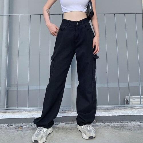 Korean Fashion Pocket White Women Streetwear High Waist Jeans Vintage Straight Harajuku 2021 Denim Pants Mom Jeans Cargo Pants