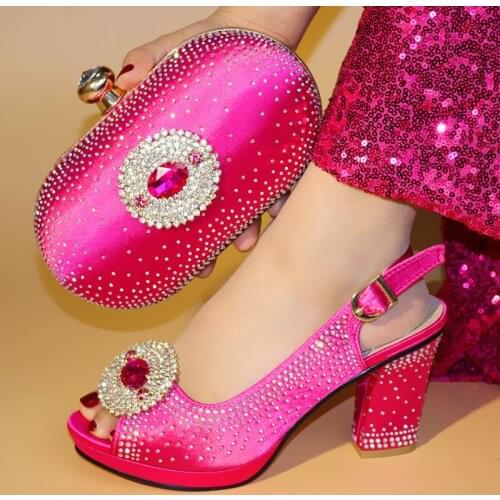 Nice looking fuchsia women pumps match handbag set with big crystal decoration african shoes and bag for party dress V99638-2