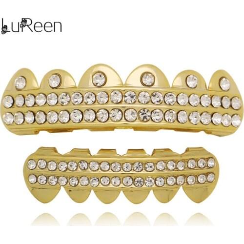 LuReen Hip Hop Rhinestone Gold Silver Color Teeth Grills Top Bottom Dental Grillz Tooth Caps Mouth Luxury Jewelry