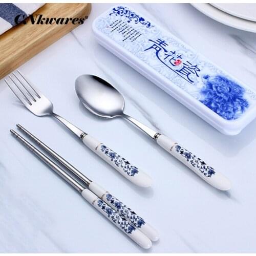 Stainless Steel Tableware Sets Porcelain Ceramic Fork Spoon Chopsticks Cutlery Set Chinese Style Tableware Sets Utensils