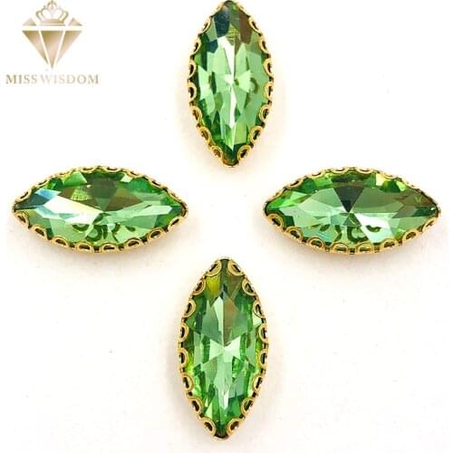NEW 7X15mm Light green Horse eye sew on rhinestones gold base with hole lacy claws glass crystal rhinestones Diy accessories