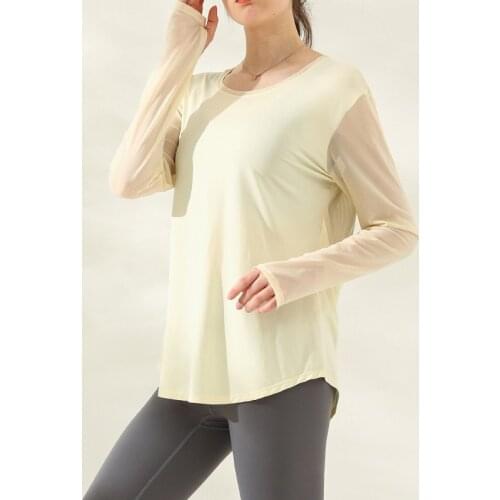 Solid Women Sport Shirt Net Yarn Long Sleeve Breathable Yoga Top Fitness Female Gym Wear Loose Running Sportswear