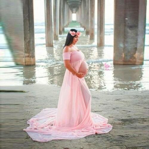 Pregnant Women Chiffon Patchwork Off Shoulder Front Slit Floor Length Dress Prop