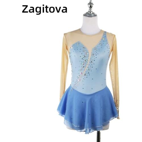 Figure Skating Show Dress Girls Custom Children Adult Competition Test Skirt Aqua Blue With Shining Gems
