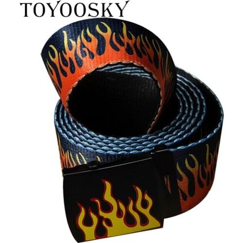 Luxury harajuku Funk Belt Flame Fire Unisex Canvas Belt Punk graffiti Designer High quality belt Straps for Women Men TOYOOSKY