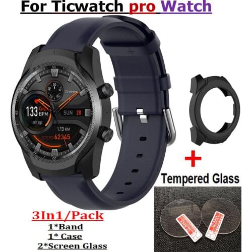 22mm Leather Bracelet Wrist Band for Ticwatch pro Watch Screen Glass Protector Film for Ticwatch pro Smart Replacement Strap