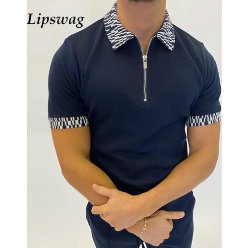 2021 Summer Mens Short Sleeve Polo Shirts New Fashion Patchwork Turn-down Collar Zipper Pullover Tops For Men Casual Polo Shirt