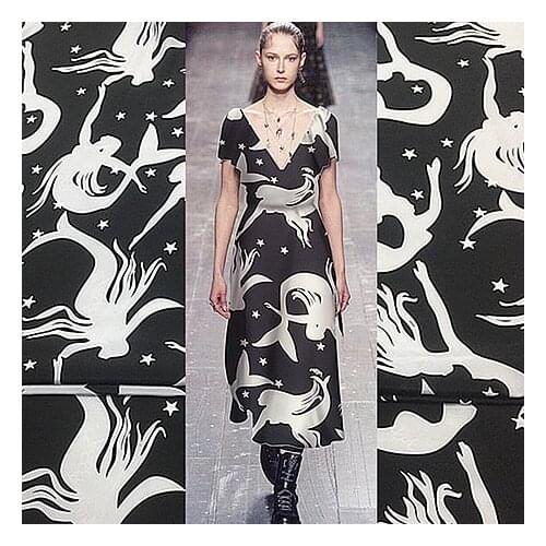 Mermaid digital printing silk crepe de chine fabric high fashion dress fabric spring and summer customization