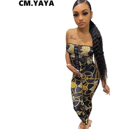 CM.YAYA Women Set Print Sleeveless Strapless Slim Vests Pencil Pants Two 2 Piece Sets Sexy Night Clubwear Summer Outfits Fashion