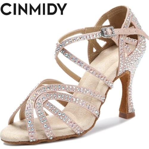 Brown Women Latin Dance Shoes Tango Salsa Jazz Ballroom Rhinestones Black Dance Heels Women Wedding Shoes Ladies Sandals 7.5CM