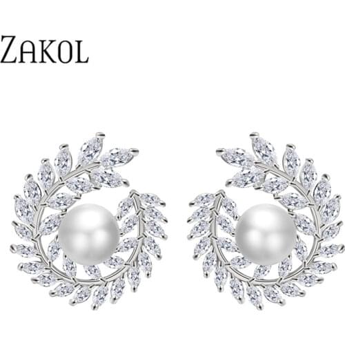 ZAKOL Luxury Simulated Pearl Bridal Stud Earrings with Cubic Zirconia for Women Fashion Leaf Wedding Jewelry FSEP2358