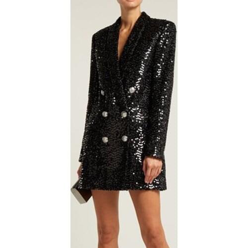 High Quality Fashion 2019 Designer Blazer Women Double Lion Buttons Shawl Collar Glitter Sequined Long Runway Black Blazers