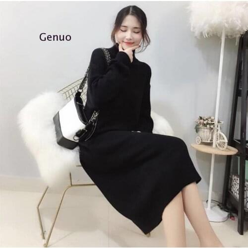 Lantern Sleeve Long Sweater Womens Dress 2020 Autumn Winter New Korean Version of Pure Color Western Style Base