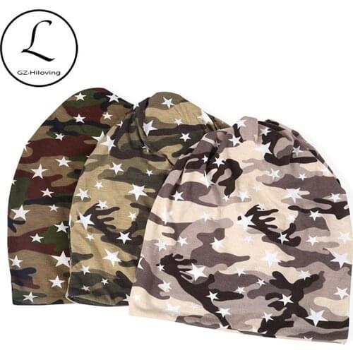 GZHilovingL Winter Hat Men Women Cotton Star Army Beanies For Spring Autumn Female Stretch Slouchy Print Panytail Hat Warm Scarf