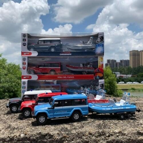 1:43 Coast Guard Simulation Police Fire Fighting Off-road Vehicle Speedboat Trailer Diecast Toy Model Car