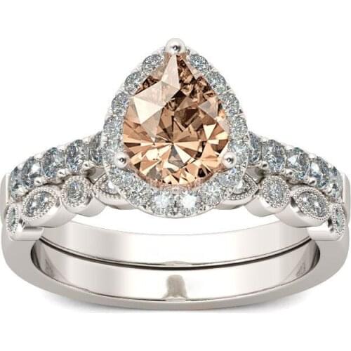 2 PCS/Set Champagne color water-drop Cubic Zirconia Wedding Rings Set for woman Classic Finger Jewelry Girls Gift Dropshipping